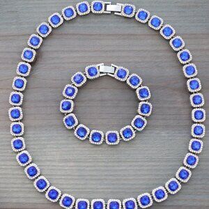 12.5mm Blue Square Halo Diamond Chain Rhinestones Silver Plated N+ B Set